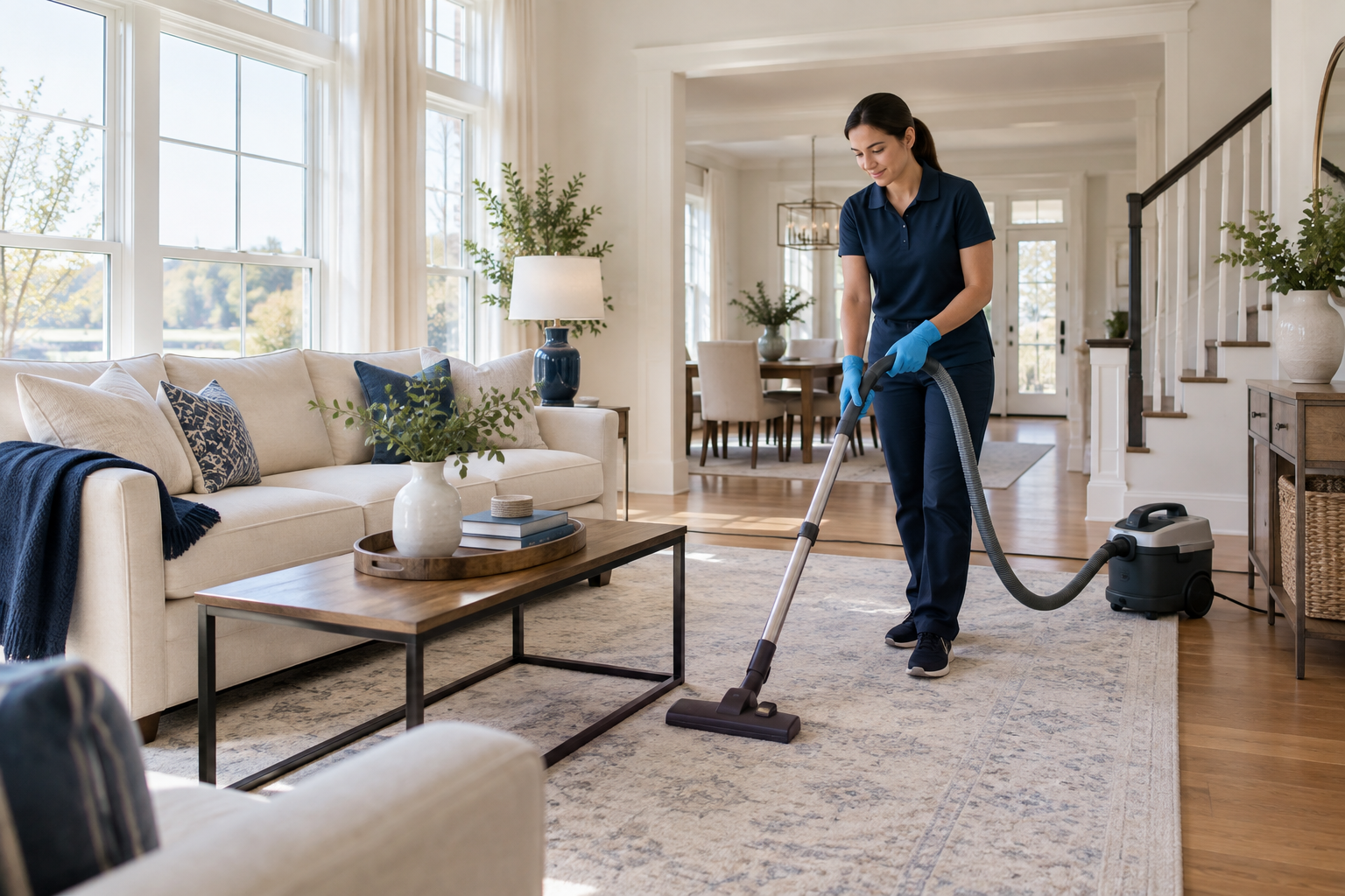Regular house cleaning with a vacuum in a furnished living room