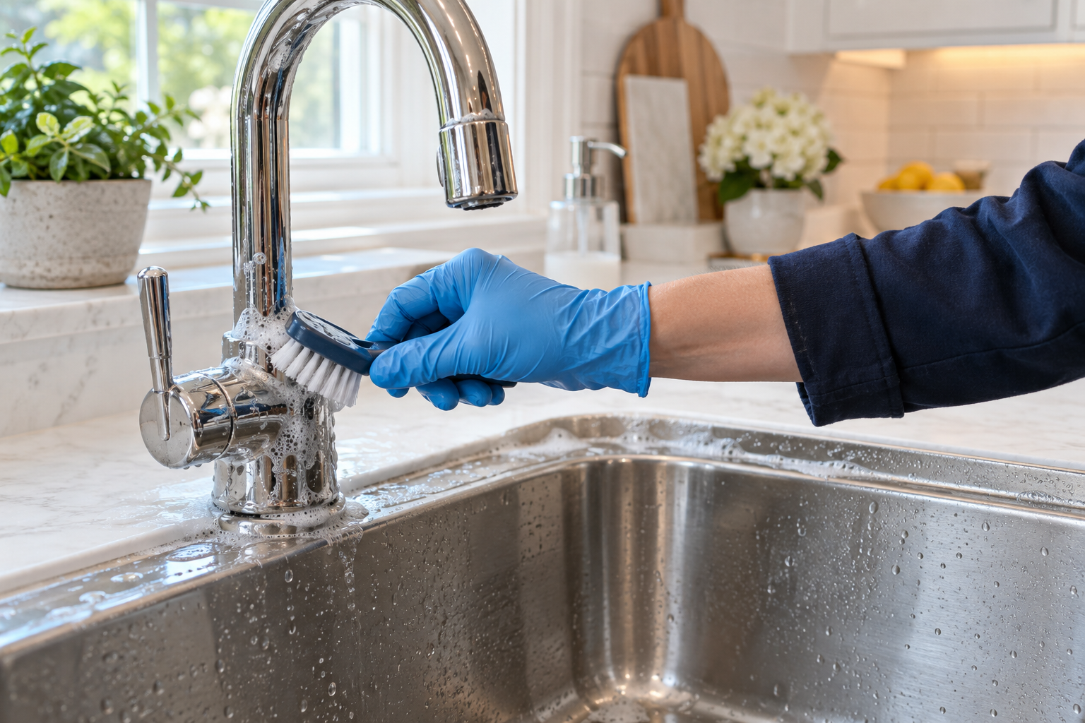 Detailed cleaning of a kitchen sink and faucet